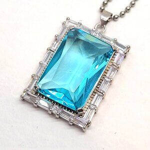 Large Aqua Blue Rectangular Crystal Pendant Necklace Baguette Halo Silver Tone